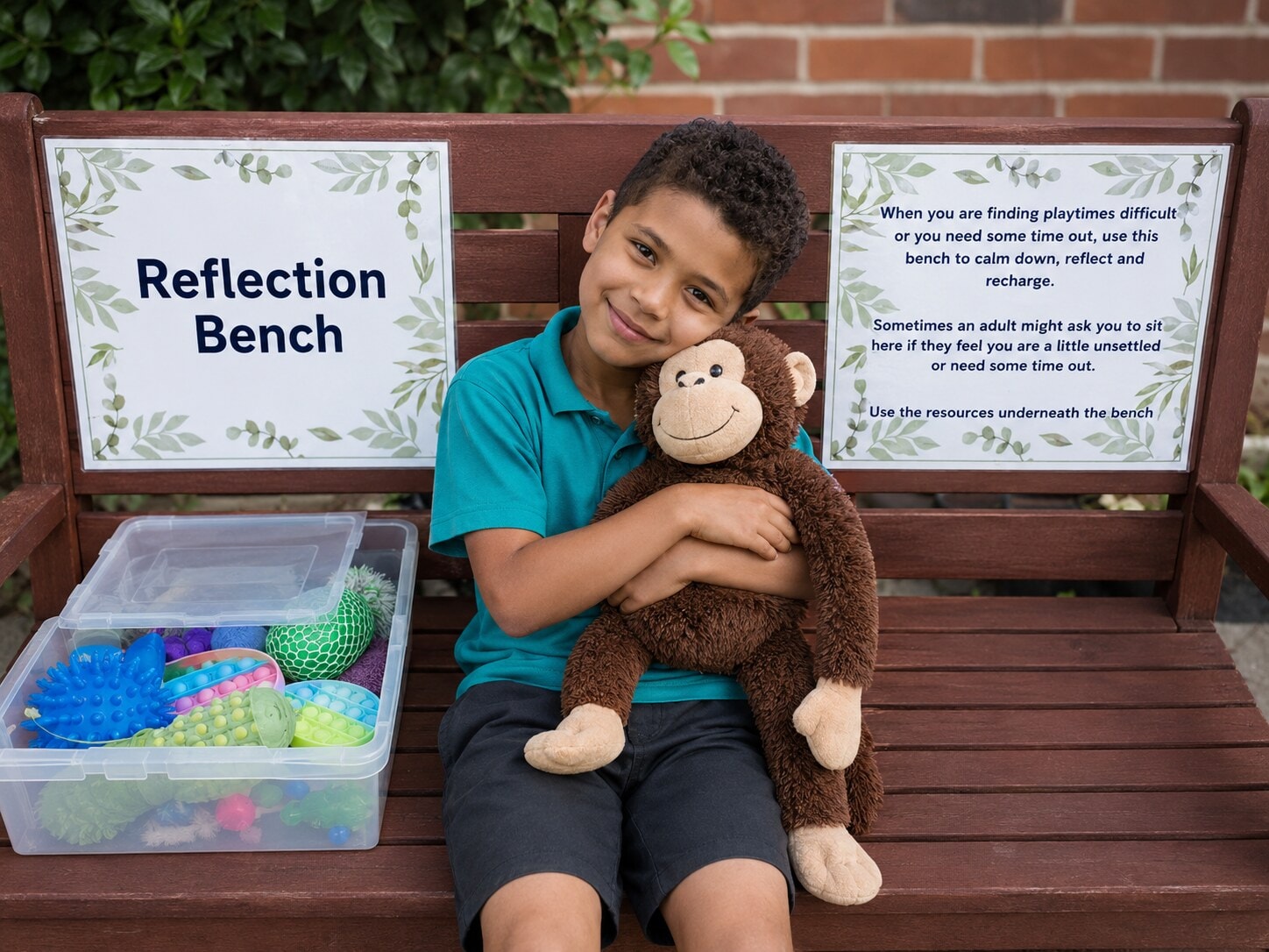 A child having a quiet moment on the reflection bench