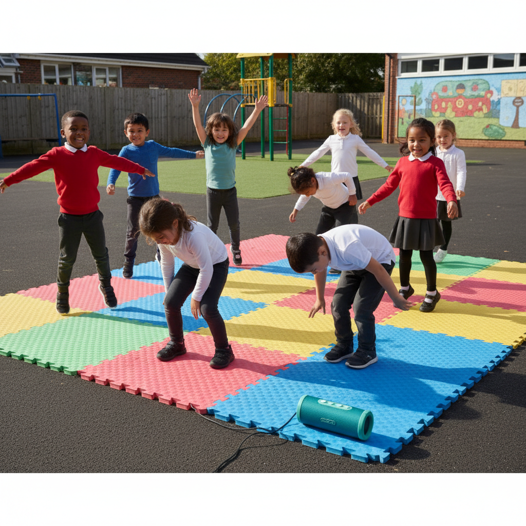 Children dancing energetically on colourful playground mats with a portable speaker visible