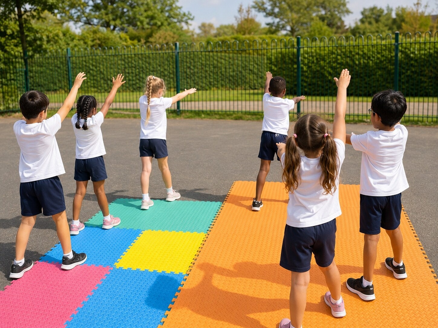 Group of children exercising together on colourful foam mats in the playground