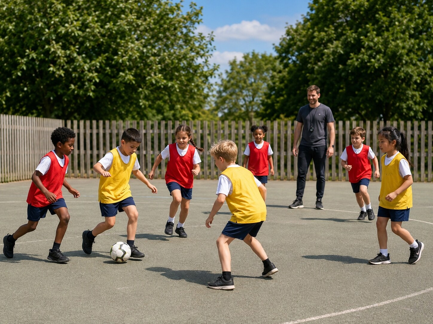 Children playing an inclusive football session supervised by a coach on the school playground