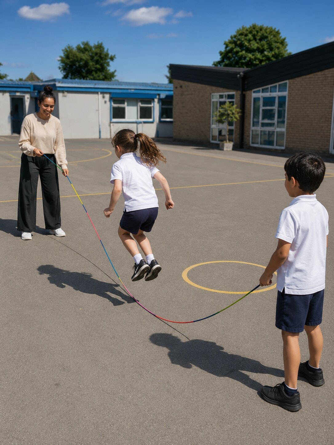 Children playing together with a long rope on the school playground