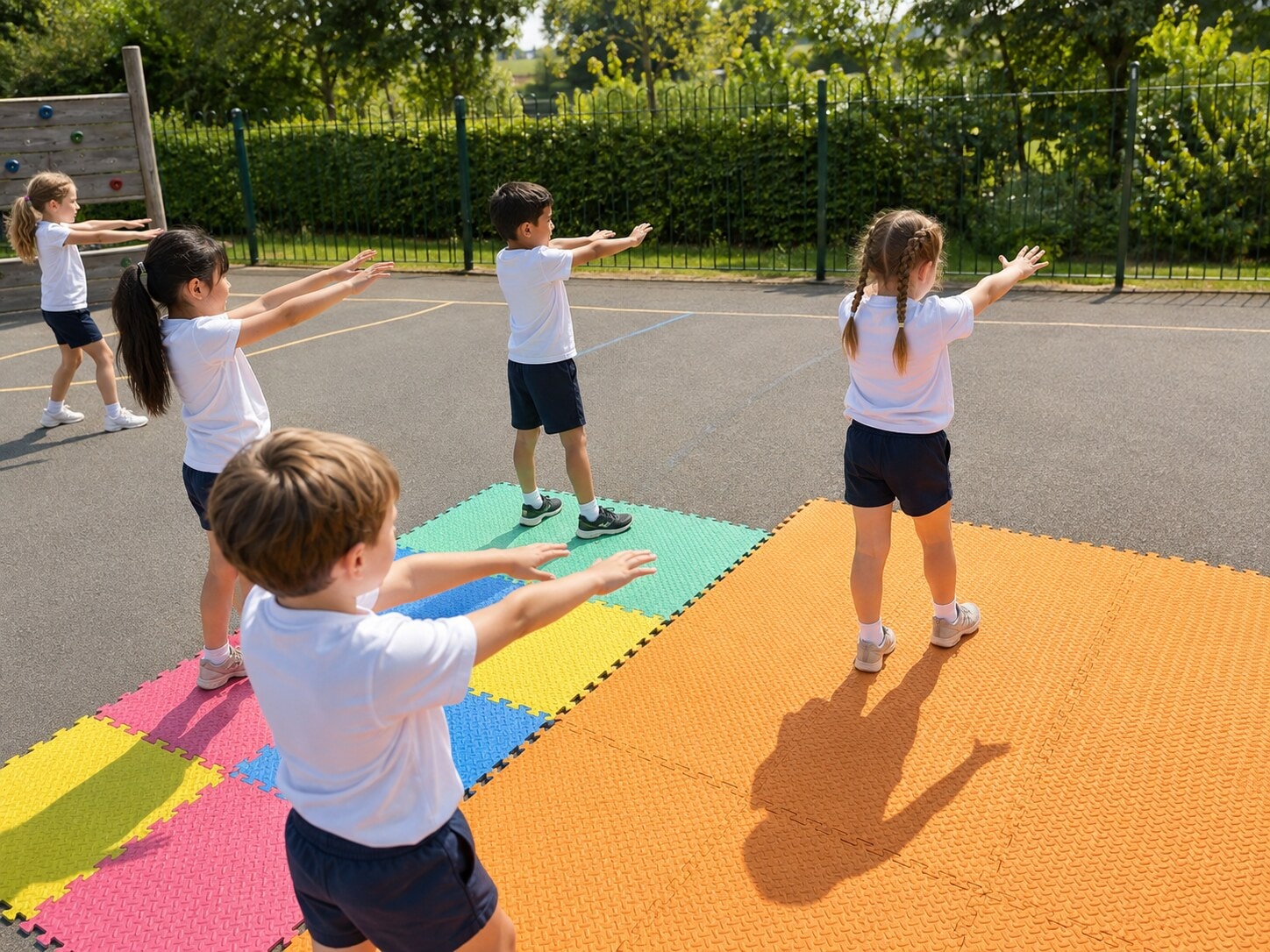 Children doing movement exercises together on colourful foam mats in the playground