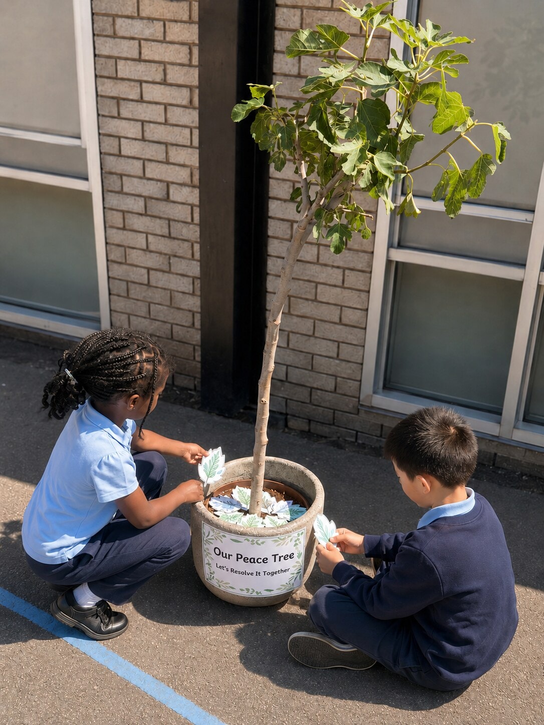 Two children tending to the Peace Tree labelled 'Let's Resolve It Together' in the school courtyard