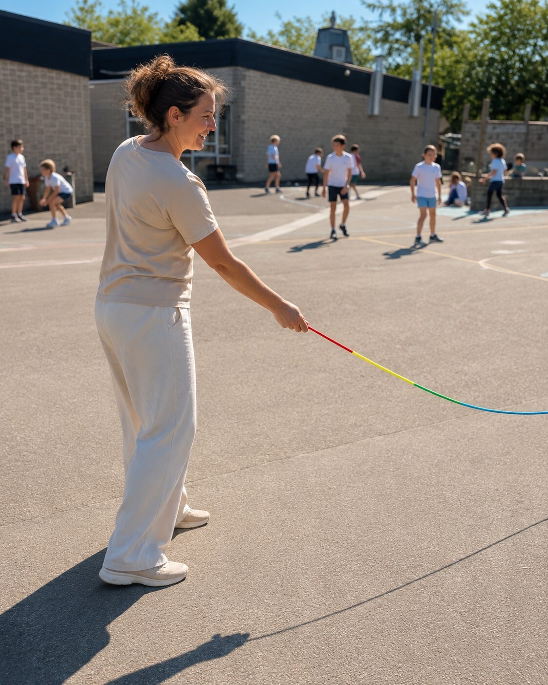 A playground leader smiling as she turns a multicoloured skipping rope for children in the playground