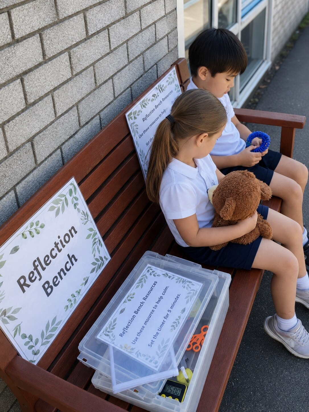 Two children sitting on the Reflection Bench using sensory resources including a teddy bear and fidget toy