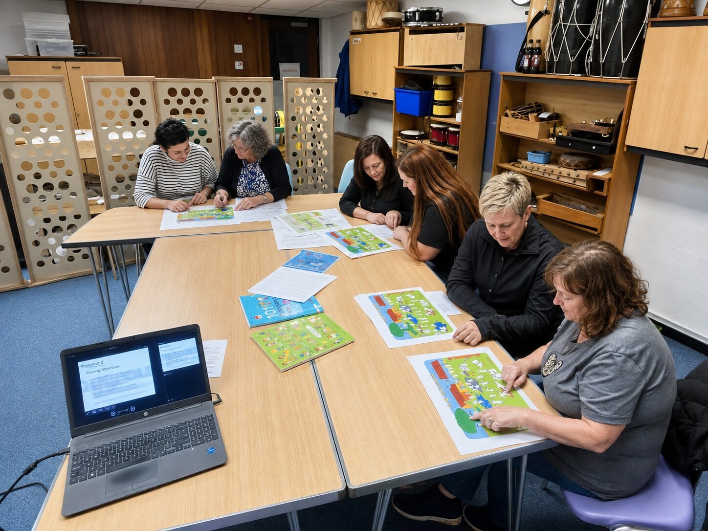 Two staff members reviewing Playground Engagement data sheets together at a table